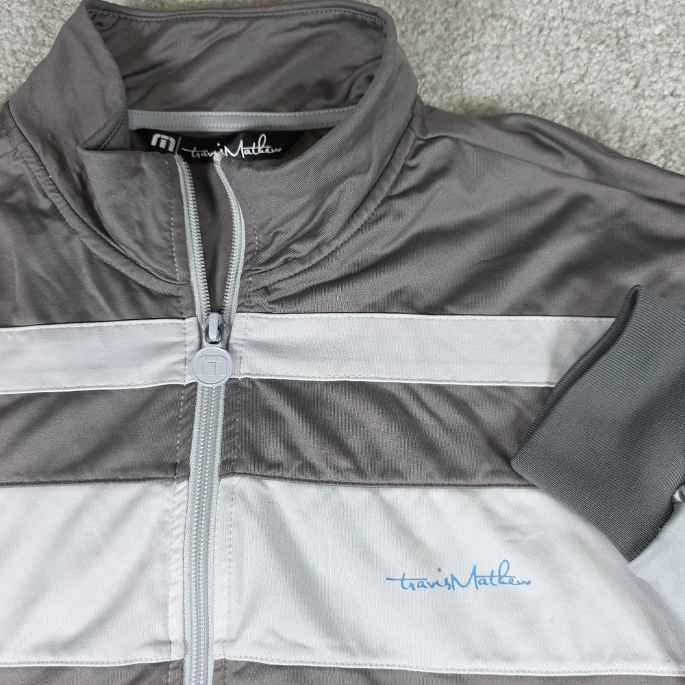 Travis Mathew Golf Jacket Mens Size‎ XL Gray Striped Full Zip Mock Neck Logo